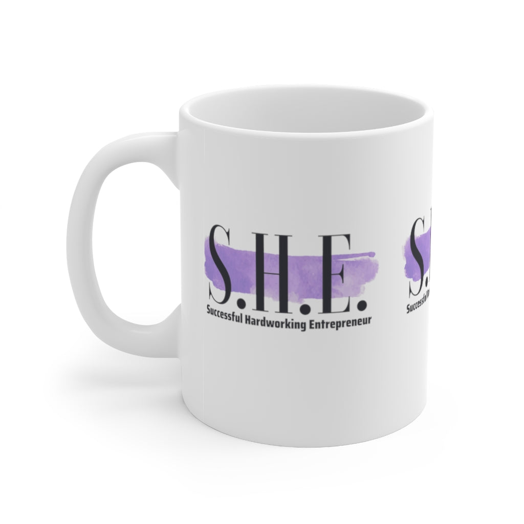 S.H.E. is "Successful Hardworking Entrepreneur" White, Purple Splash, Ceramic Mug 11oz