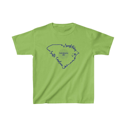 Singletary Family Reunion 2022, Lime Green, Blue Writing, Kids Heavy Cotton Tee