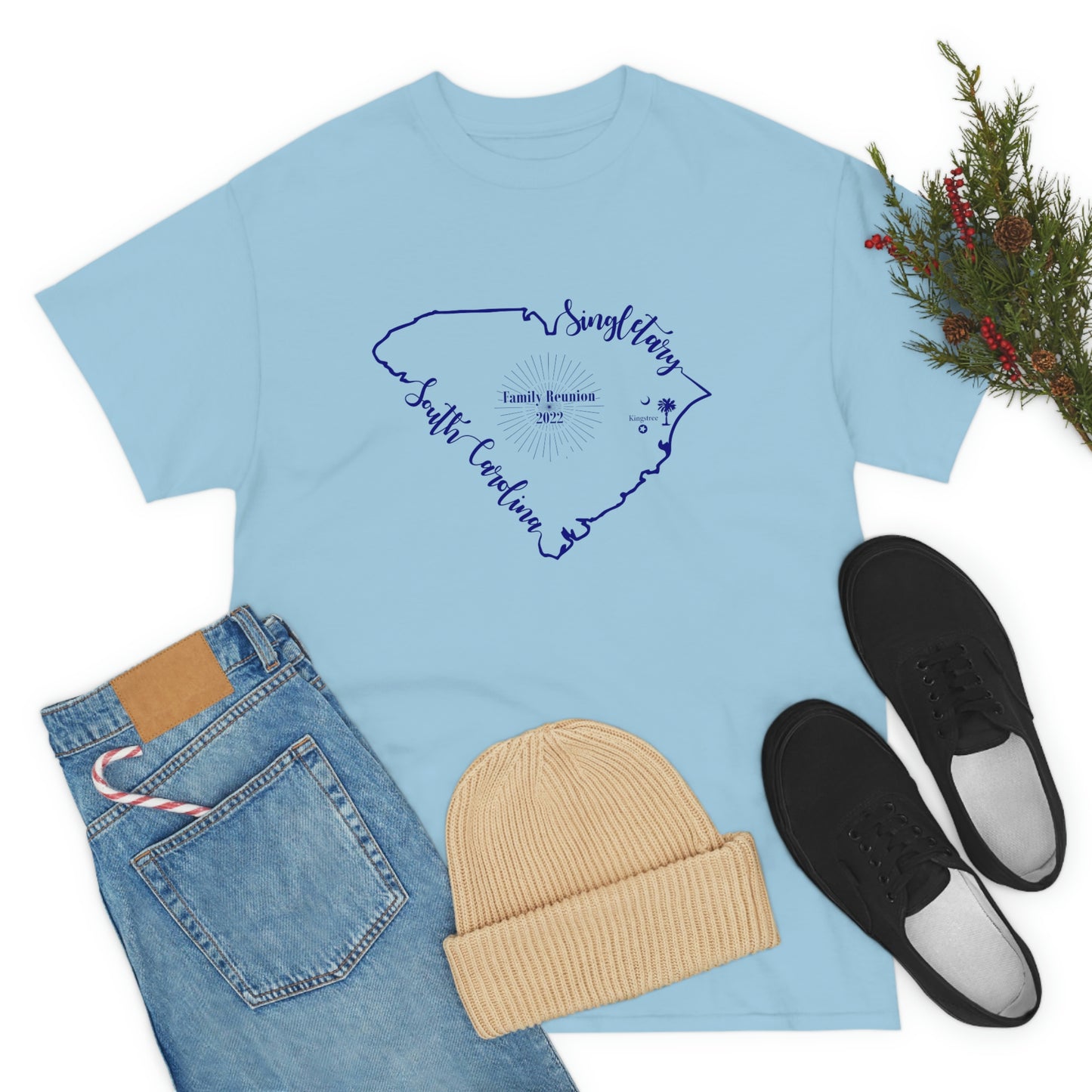 Singletary Family Reunion 2022 , LT Blue, Blue Writing, Unisex Heavy Cotton Tee