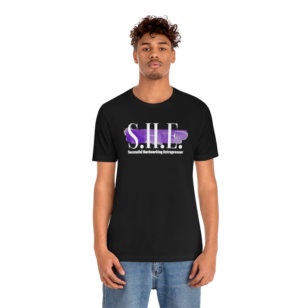 S.H.E. "Successful Hardworking Entrepreneur" Black with Purple Splash Unisex Jersey Short Sleeve Tee