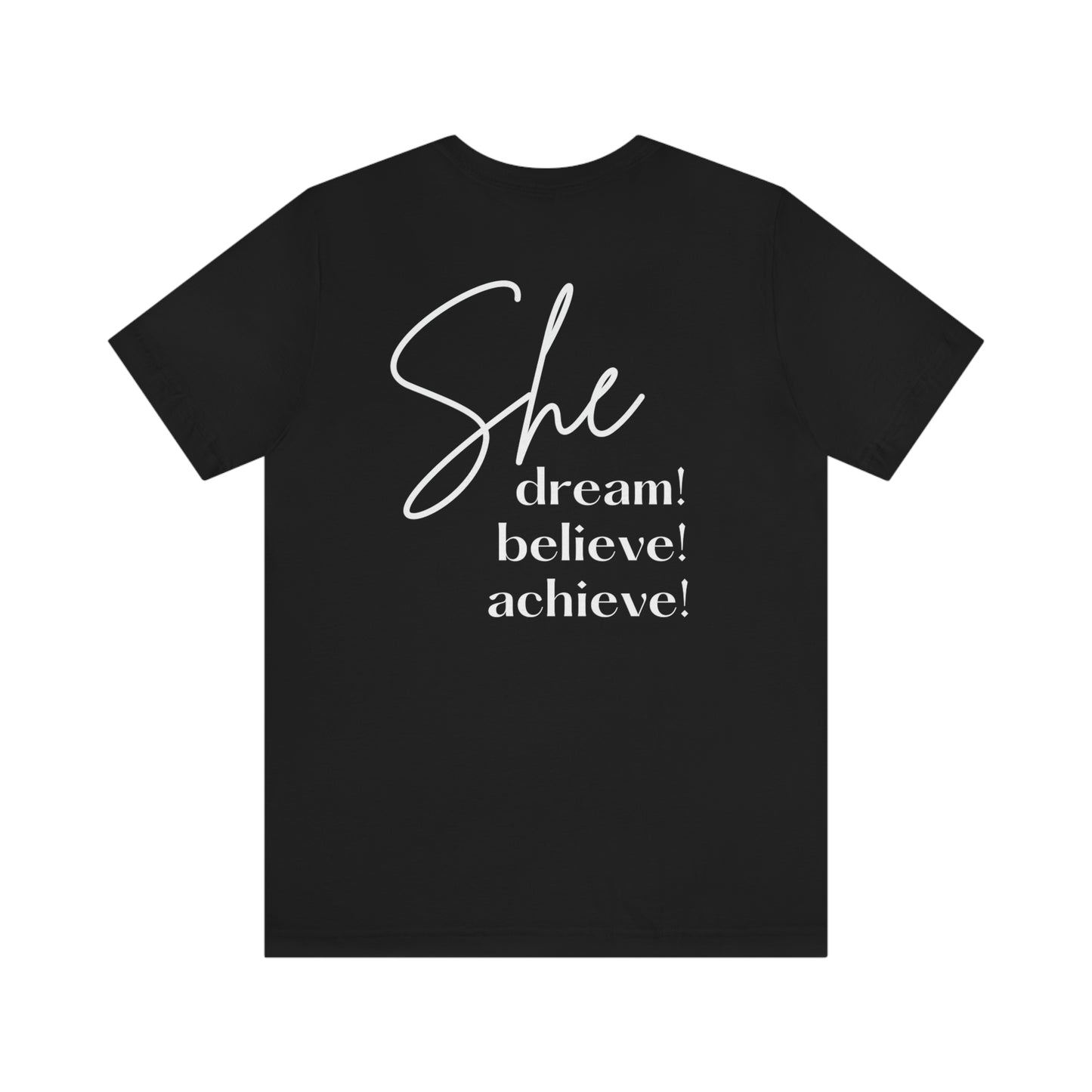 RSB - 2023 Grad, She believed She could and She did!  Front and back Print, Black Unisex Jersey Short Sleeve Tee