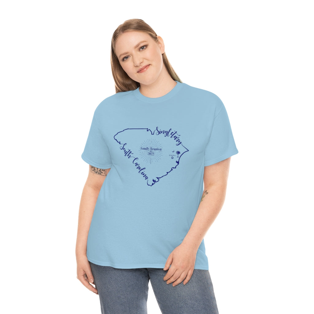 Singletary Family Reunion 2022 , Ladies LT Blue, Blue Writing, Unisex Heavy Cotton Tee