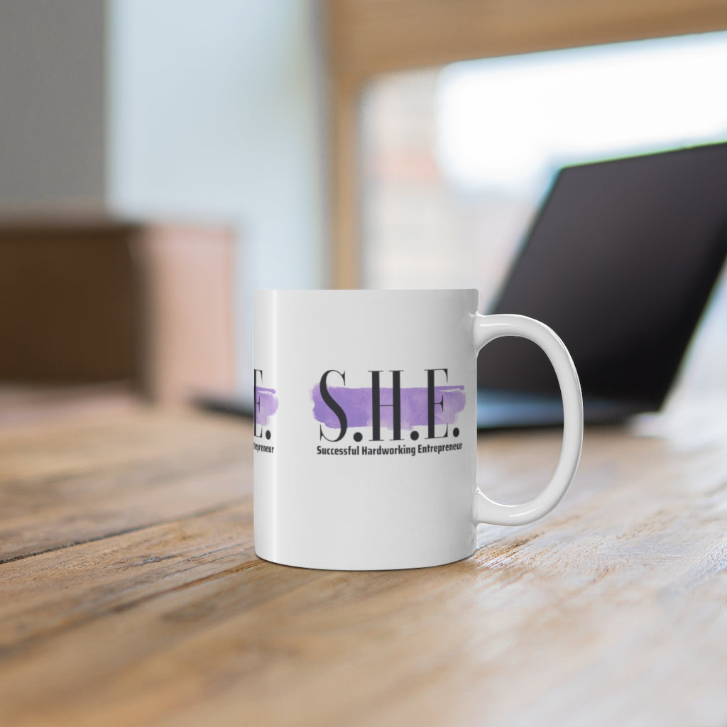 S.H.E. is "Successful Hardworking Entrepreneur" White, Purple Splash, Ceramic Mug 11oz