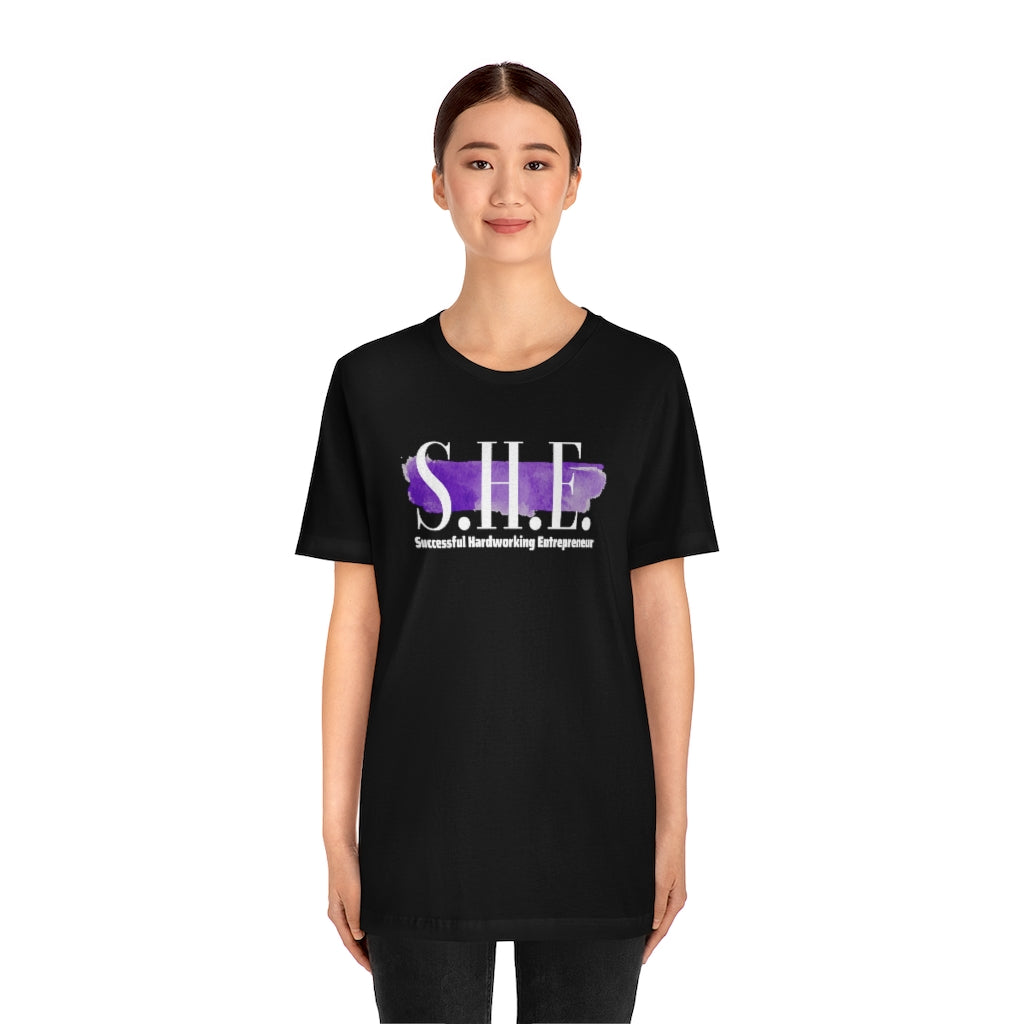 S.H.E. "Successful Hardworking Entrepreneur" Black with Purple Splash Unisex Jersey Short Sleeve Tee