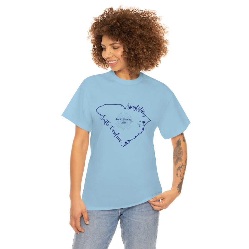 Singletary Family Reunion 2022 , Ladies LT Blue, Blue Writing, Unisex Heavy Cotton Tee