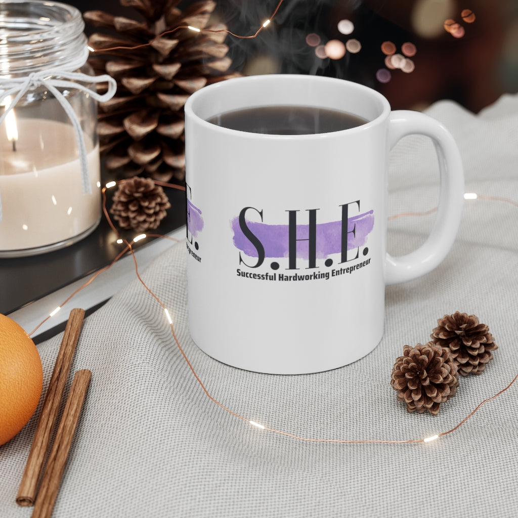 S.H.E. is "Successful Hardworking Entrepreneur" White, Purple Splash, Ceramic Mug 11oz