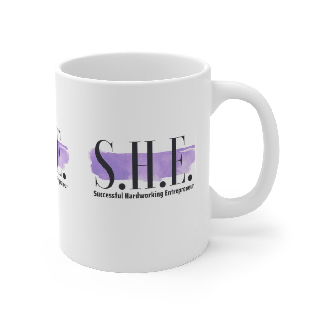 S.H.E. is "Successful Hardworking Entrepreneur" White, Purple Splash, Ceramic Mug 11oz