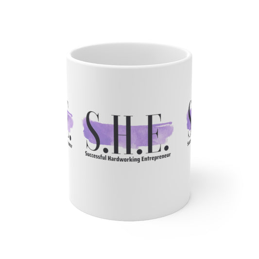 S.H.E. is "Successful Hardworking Entrepreneur" White, Purple Splash, Ceramic Mug 11oz