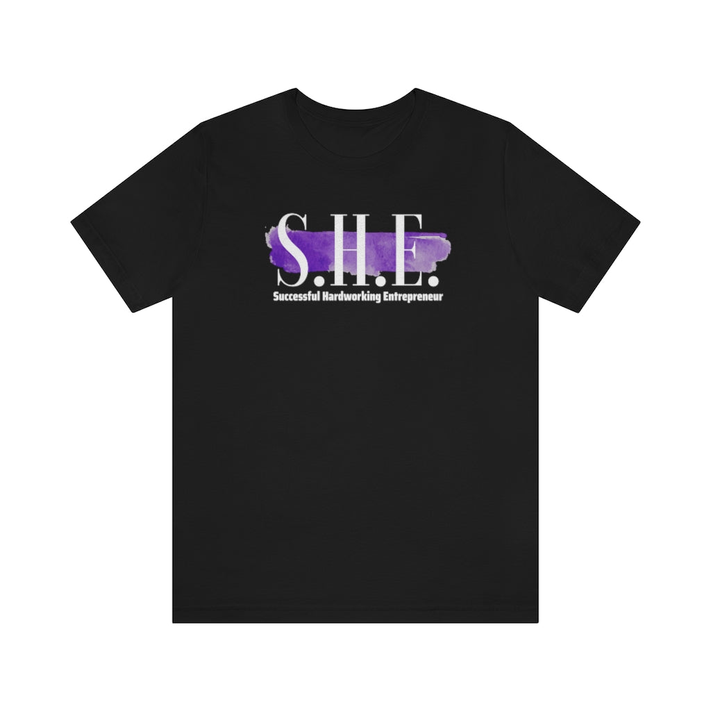 S.H.E. "Successful Hardworking Entrepreneur" Black with Purple Splash Unisex Jersey Short Sleeve Tee