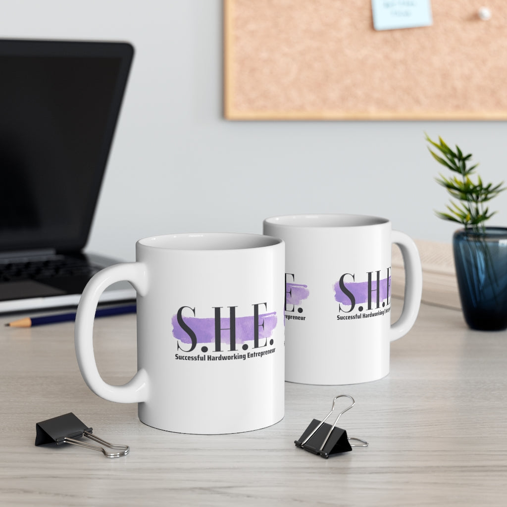 S.H.E. is "Successful Hardworking Entrepreneur" White, Purple Splash, Ceramic Mug 11oz